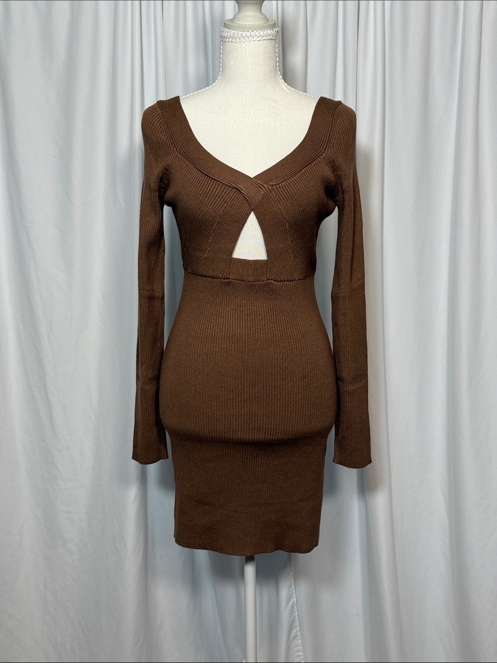 Promesa Brown Ribbed Long-Sleeve Cutout Bodycon Dress